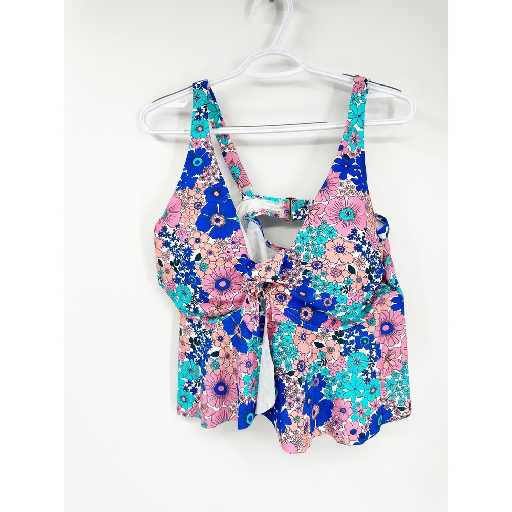 Raisins Topanga Tankini Top 18W Blue Pink Floral Retro Ruffle Swimsuit - Picture 2 of 4